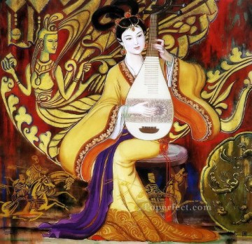 Wang Cunde Chinese girl playing lute Oil Paintings